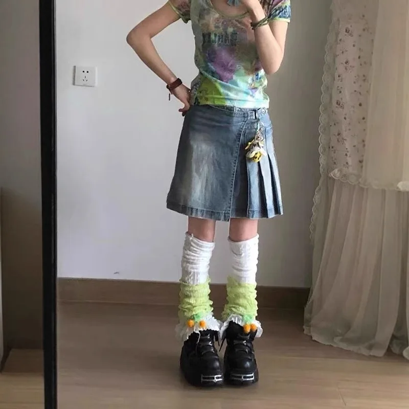 

American Retro Old Washed Irregular Pleated Denim Skirt Children Y2k Hot Girl Skirt