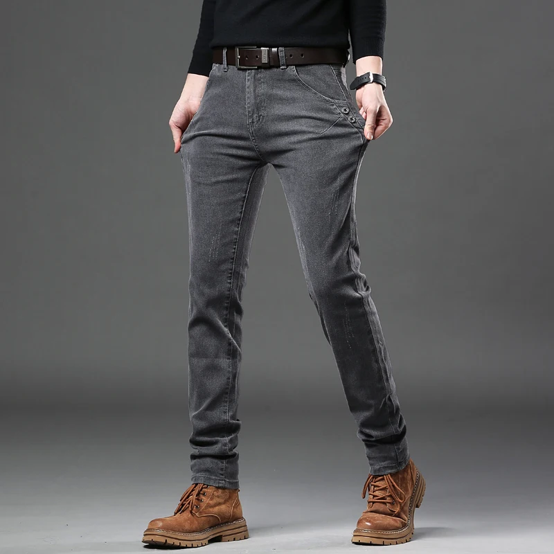 New Pure Gray Korean Slim Jeans Men's Stretch Tight Trendy Jean Trousers Branded Streetwear Comfortable Man Clothing Pants