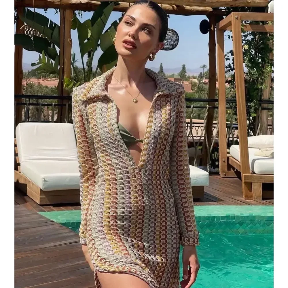 New Summer Hot Style Hand-crocheted Hollow Beach Low-cut V-neck Slit Women\'s Long Dress Summer Dress