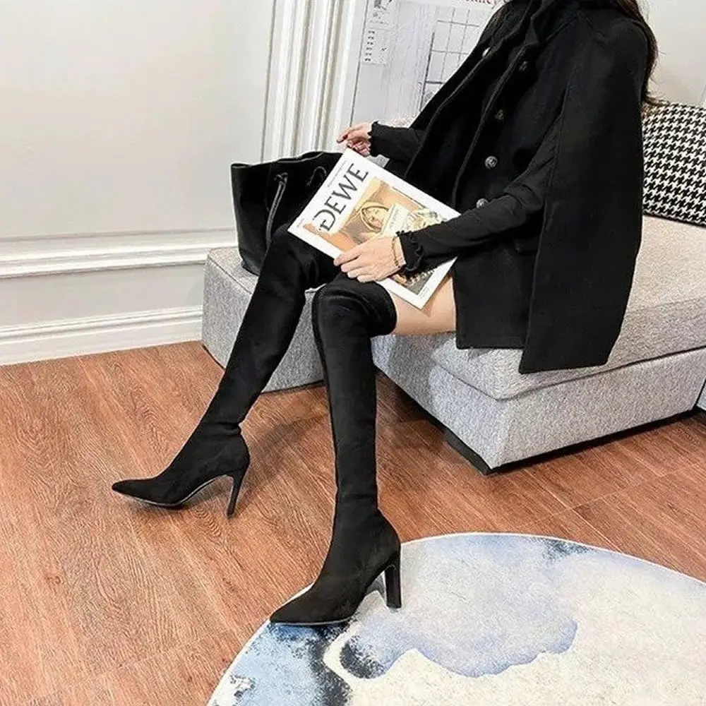 

New Black Women Winter Boots Thin High Heel Boots Long Boots Sexy Pointed Toe Ladies Women Suede Fashion Over-the-Knee Boots