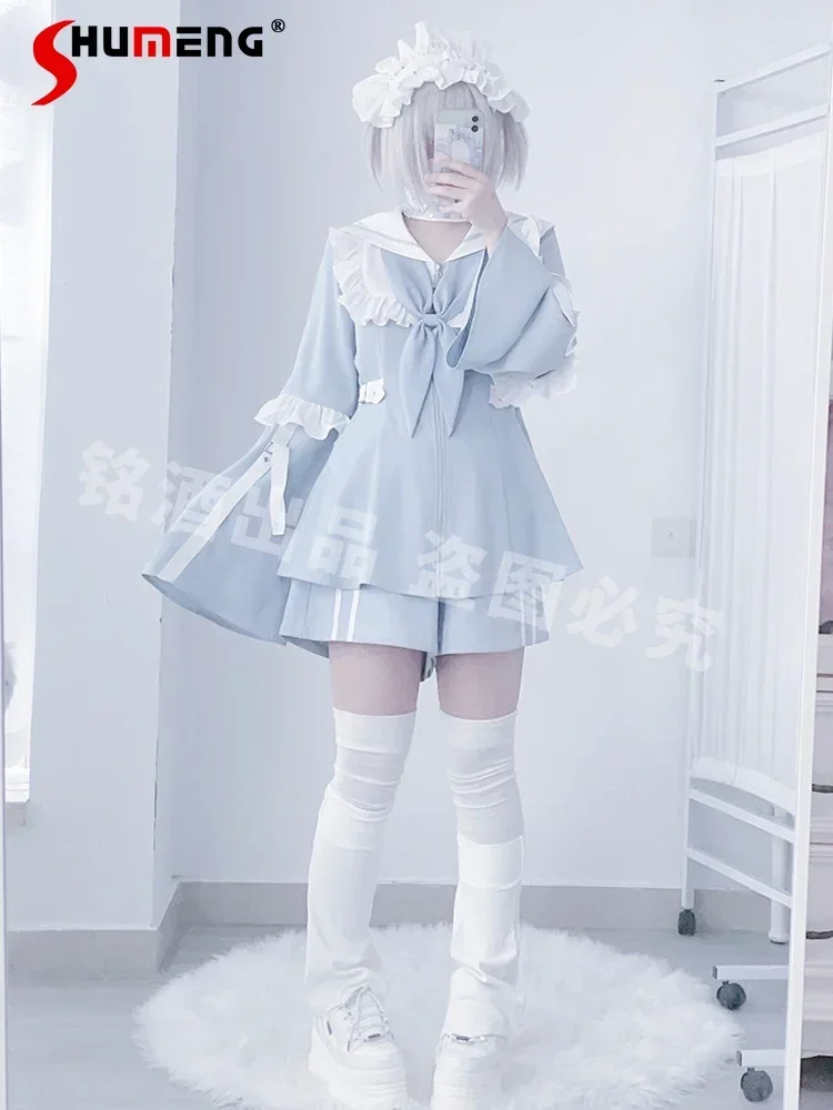 Japanese Mine Series Mass-produced Navy Collar Lace Splicing Sleeve Zipper Short Dress High Waist Shorts Two-piece Sets Women