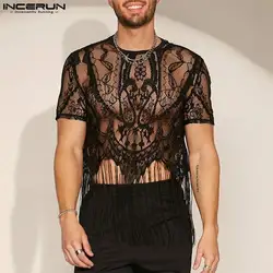 2024 Men T Shirt Lace Tassel O-neck Short Sleeve Transparent Fashion Men Clothing Streetwear Party Irregular Crop Tops INCERUN