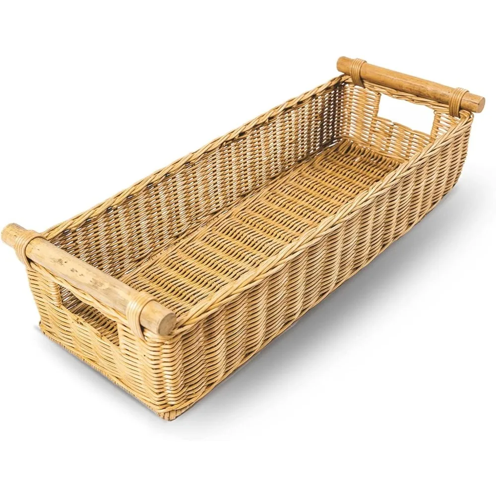 Long Narrow Pole Handle Wicker Basket, Large, 21 in L x 8 in W x 6 in H, Sandstone