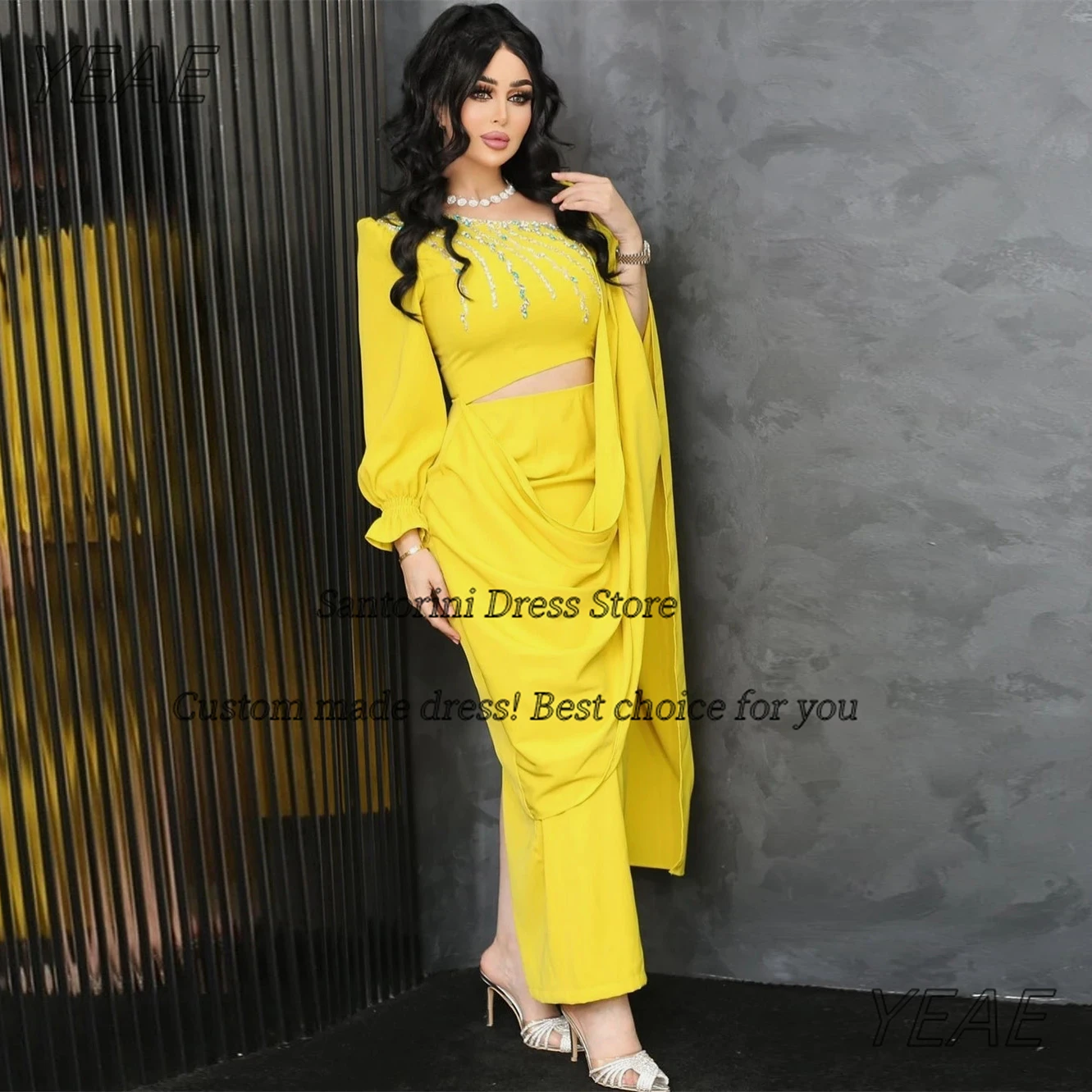 

Santorini Customized Middle East Prom Dresses Beading One Shoulder Long Sleeve Evening Gowns Zipper Back Slit Formal Dress