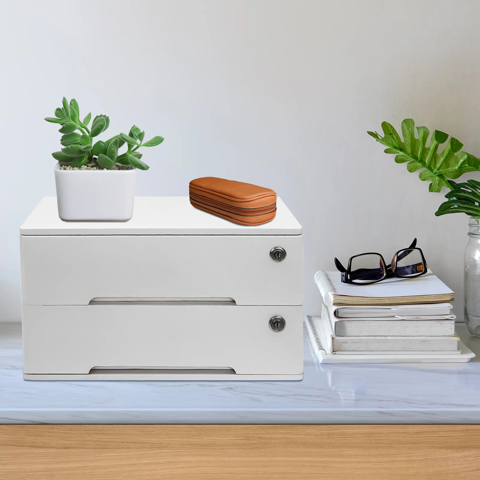 

2-Drawer White Desktop Storage Cabinet, Wooden Desktop Storage Box with Lockable Drawers, for Office Supplies, Study, Dresser