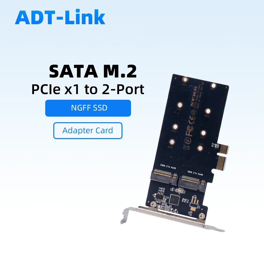 

ADT-Link PCIe X1 To 2-Port SATA M.2 NGFF SSD Adapter Card with Full Height + Low Profile Bracket , ASM1061 Chip