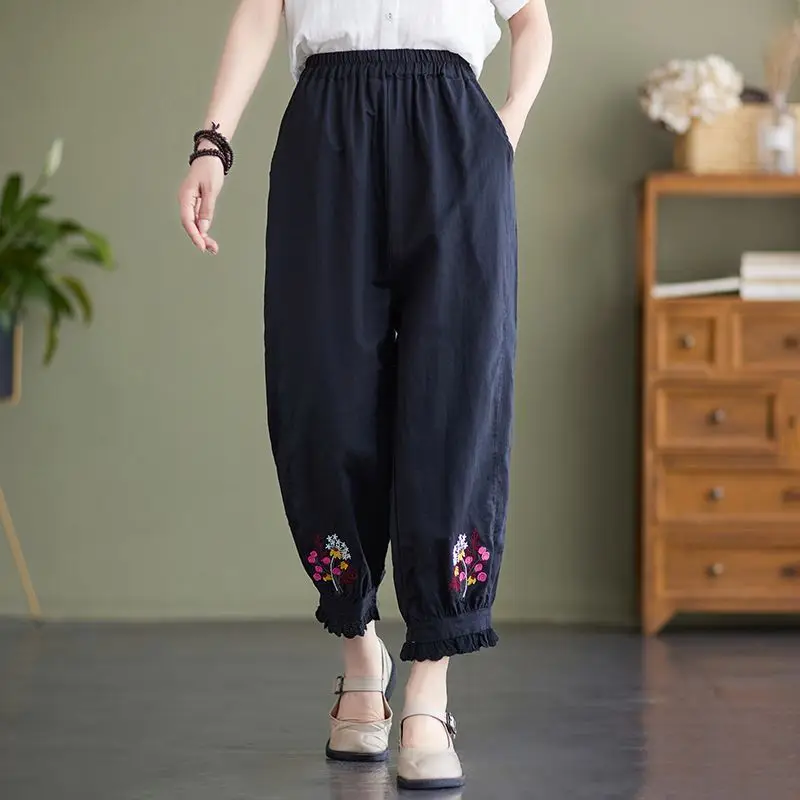 

Women Spring Summer New High Waist Elastic Cotton Linen Lantern Pants Fashion Ethnic Style pocket leisure Versatile Harlan Pants