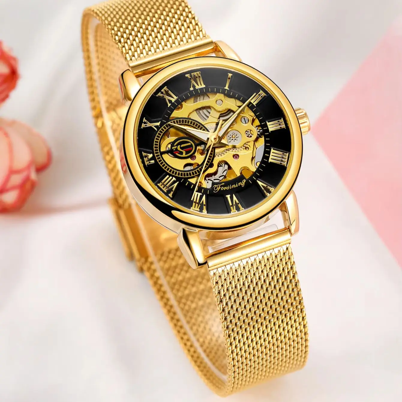 

Forsining Fashion Ladies Watches Top Brand Luxury Skeleton Mechanical Watch for Women Mesh Stainless Steel Strap Business Clock