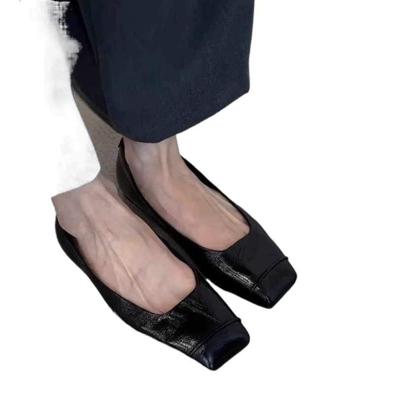 New Fashion Women's Square Toe Ballet Shoes Single Shoes Spring/Summer Comfortable Office Shoes Soft Cow Leather Square Toe Flat