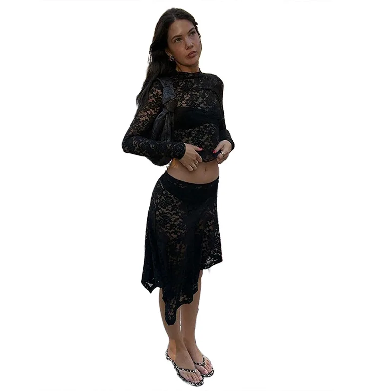 2025 Donne di Estate Sexy Hollow Girocollo a maniche lunghe in pizzo irregolare Serts Abiti Vestido Plus Size 9XL 8XL 7XL 6XL XXXXXL