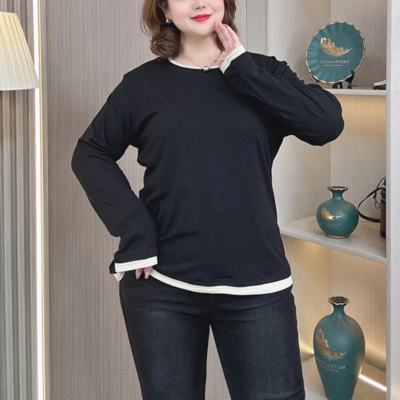 

Цветная контрастная футболка на флисовой подкладке, женская футболка больших размеров, осень-зима, свободные топы с круглым вырезом и длинными рукавами 2408