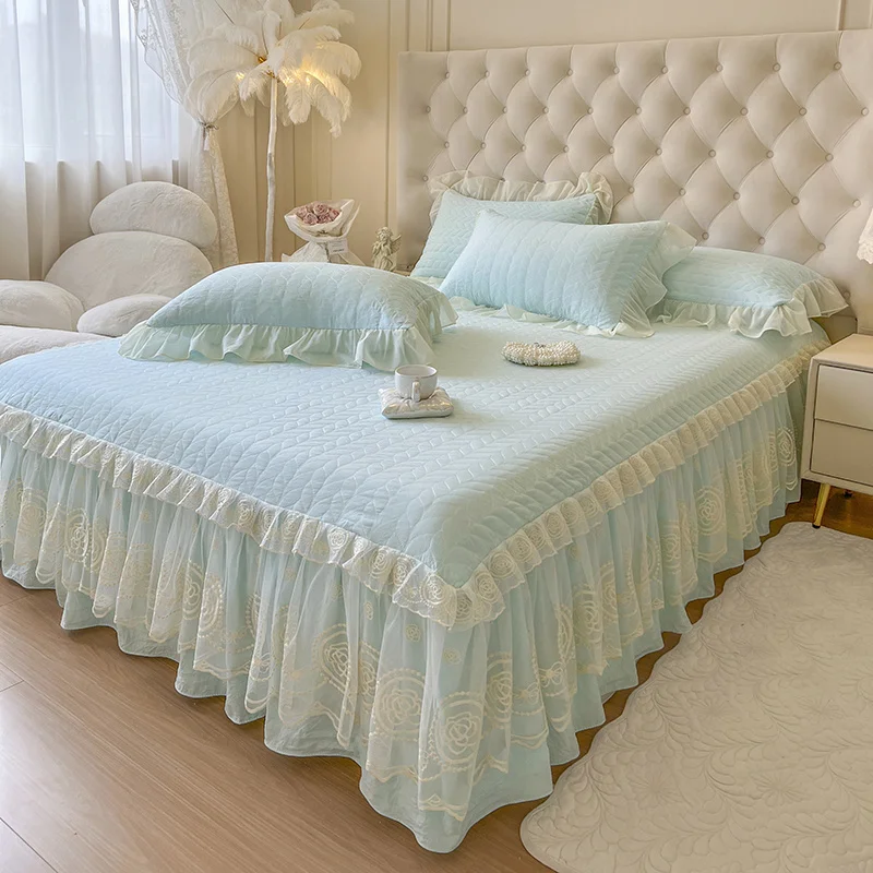 

AI WINSURE-Washed Cotton Bed Cover with Pillowcase, Chic Lace Ruffles Bed Skirt, Quilted Bedspread, Queen, King Size, 3pcs