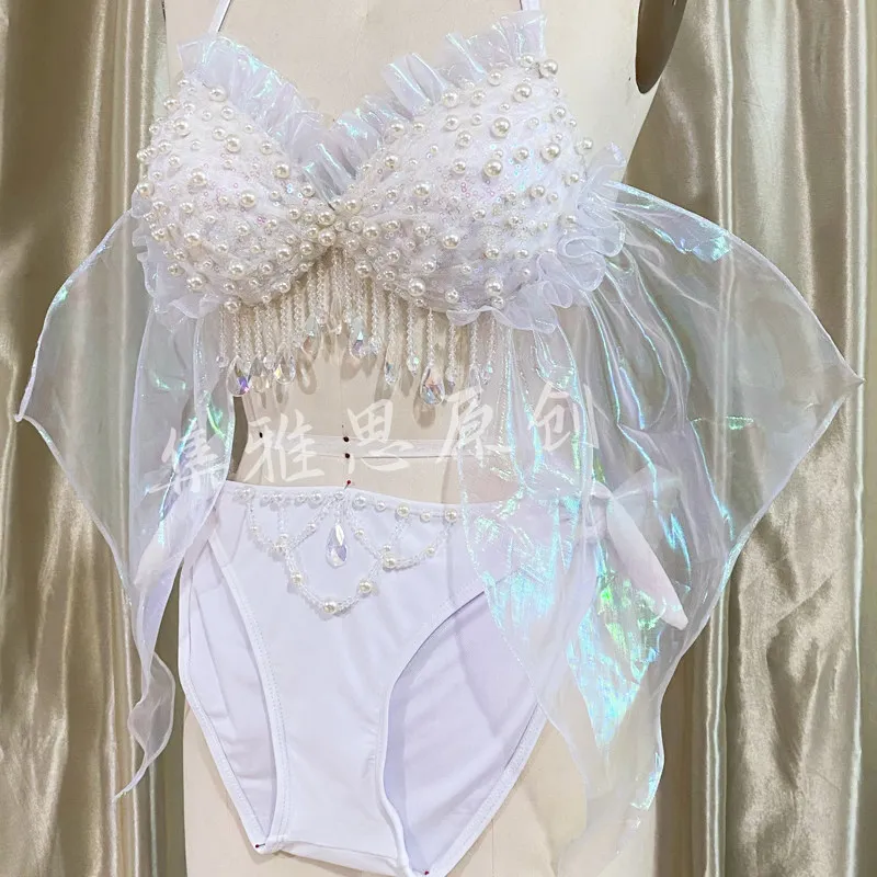 Original Handmade Mermaid Swimsuit Sequins Pearl Tassel Beading Women Bikini Sets Free Diving Bra Performing Cos Corset