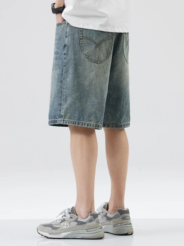 

American Casual Men's Denim Shorts Summer Loose Straight Washed Five-Quarter Youth Trendy Vintage Jeans mid Waist Trousers