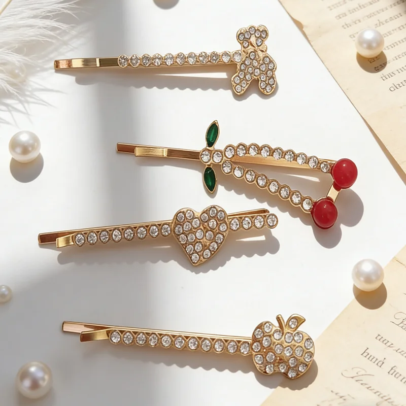 

4PC Fashion Crystal with Pearl Cherry Hair Side Clips Vintage Hairpin for Girls Women Korean Hair Accessories