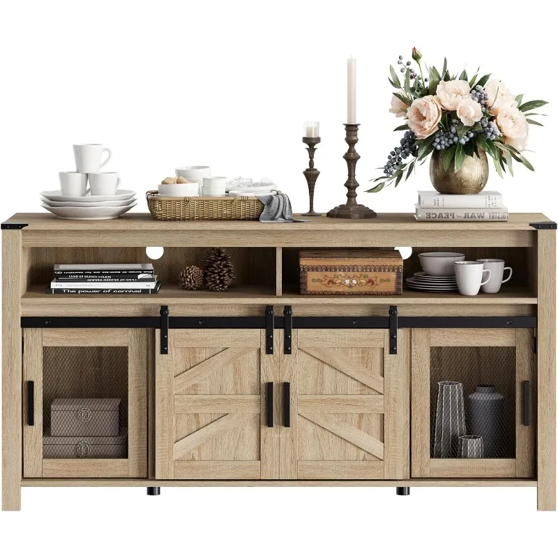 Farmhouse Buffet Cabinet, Rustic Sideboard with Sliding Barn Doors, 59