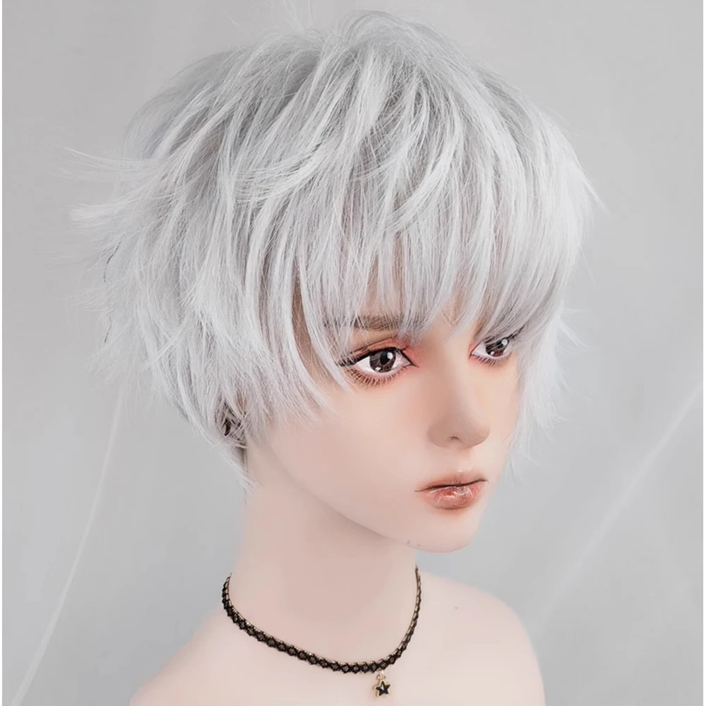 RANYU Synthetic Short Silver White Straight Curly Wigs Anime Men Cosplay Natural Hair Heat Resistant Wig for Daily Party