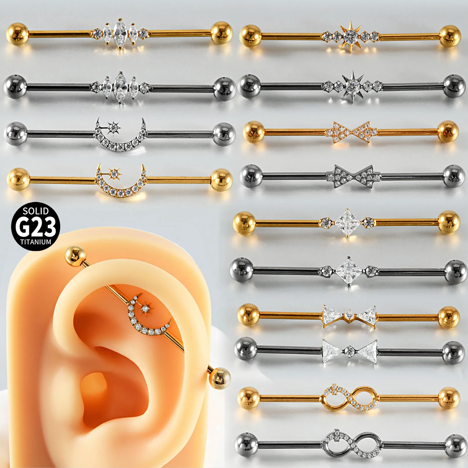 1PC G23 Titanium Industrial Barbell Rings External Thread Rook Earrings With Zircon Cartilage Tragus Helix BodyPiercing Jewelry