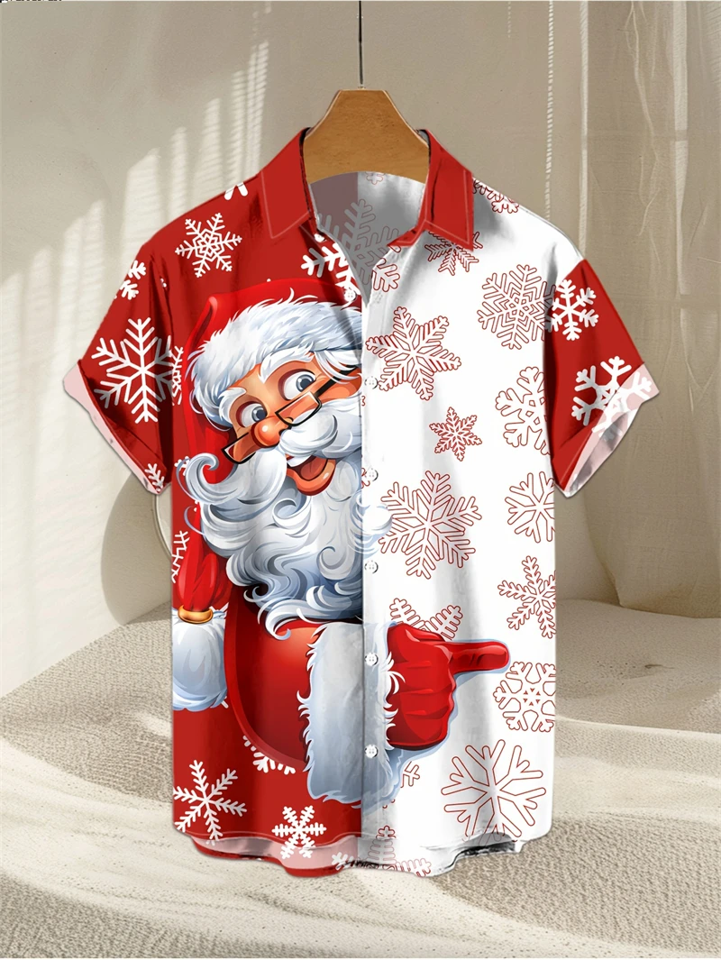 Christmas Graphic Santa Claus Man Shirts Hawaiian Harajuku Tops Short Print Tee Lapel Fashion Holiday Oversized Clothes Y2k Tops