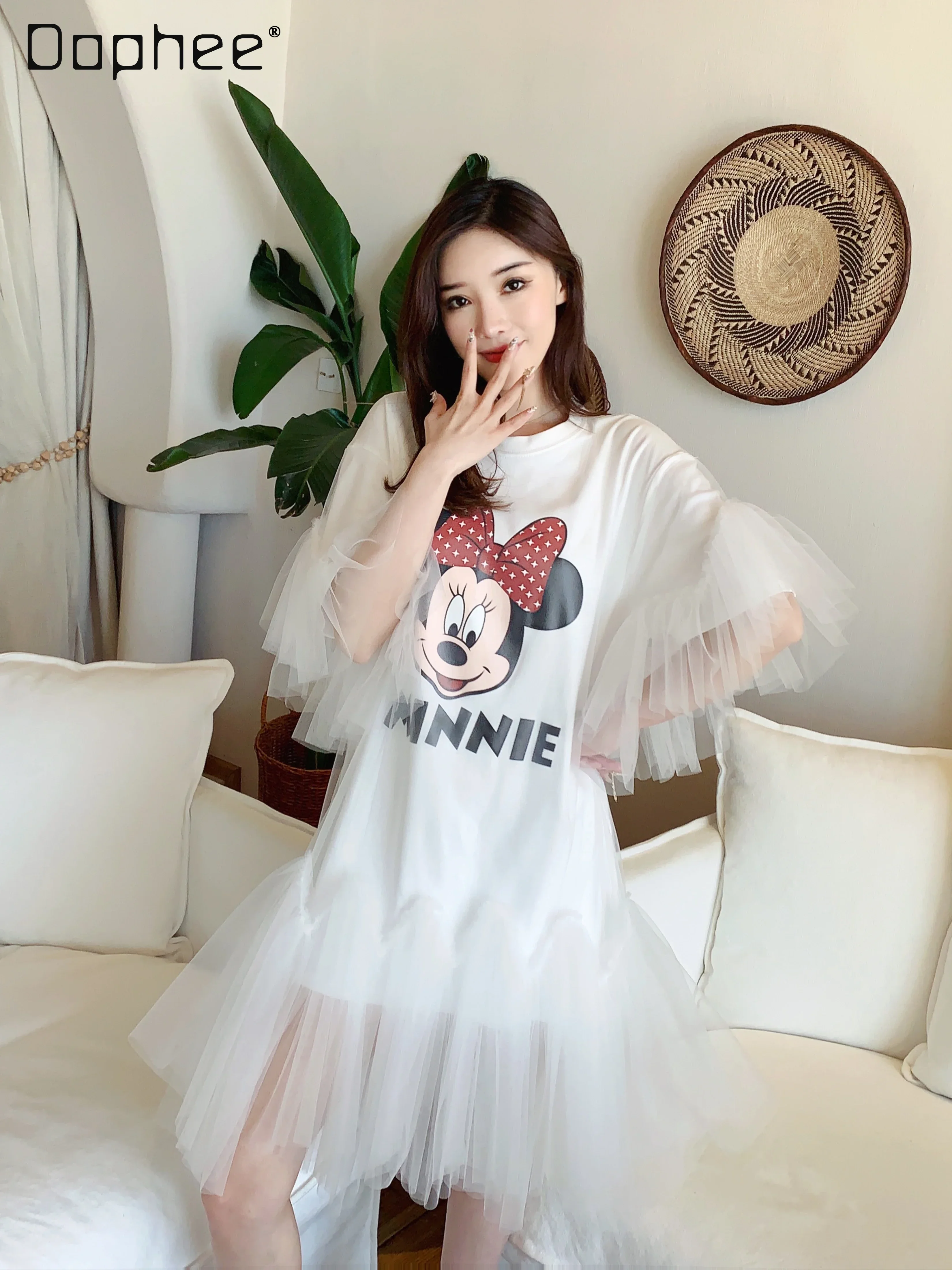 

Summer New Sweet Cartoon Printed Short Sleeve Loose T-shirt Women Stitching Puffy Mesh Yarn False Two Pieces Veil T-shirt Dress