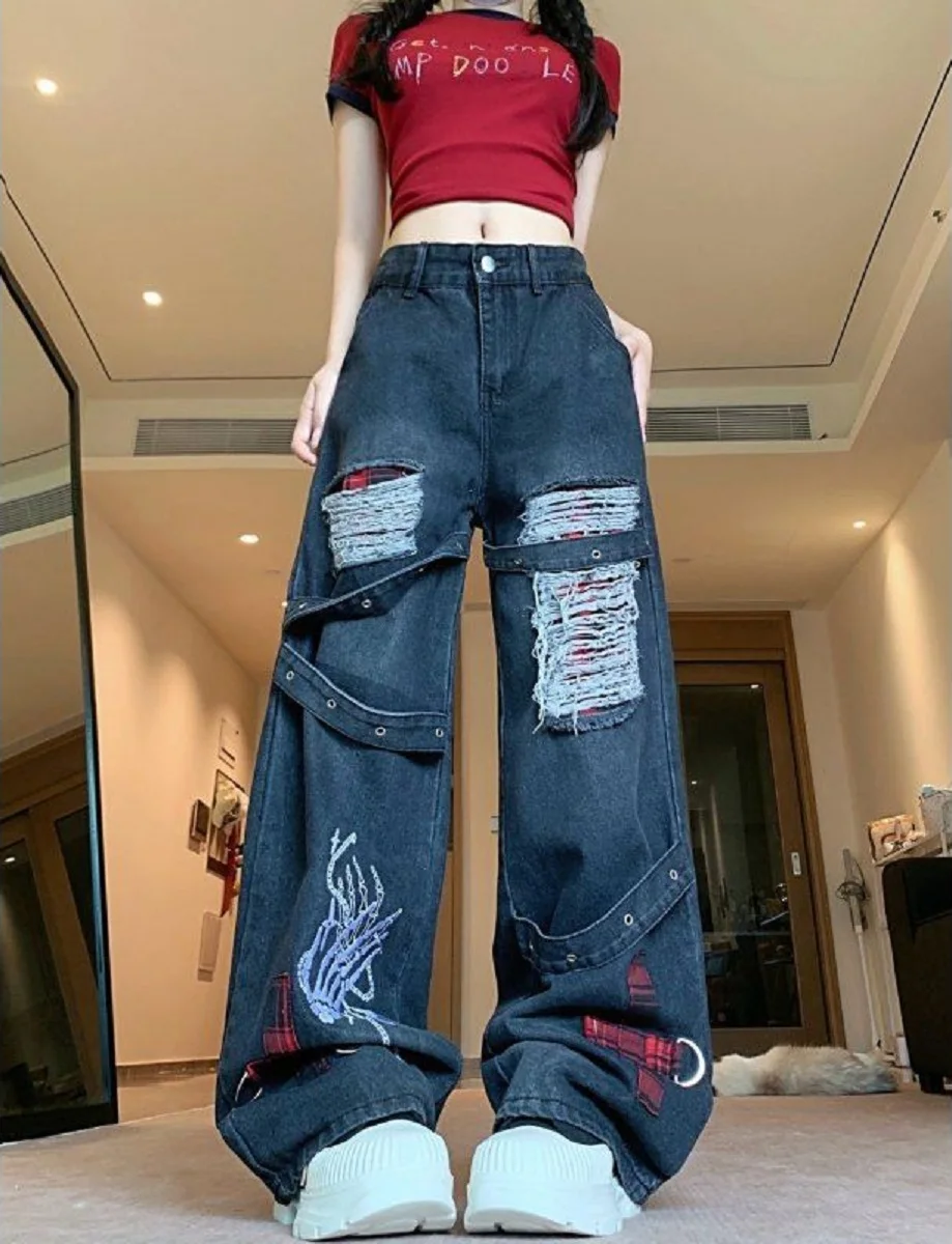 American Contrast Strap Ripped Work Jeans Women Summer New Style Niche Splicing Loose Slimming Wide-Leg Floor Trousers