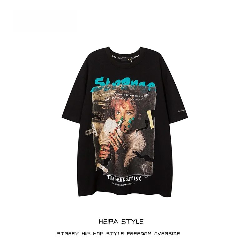 

Свободная мужская футболка с коротким рукавом в американском ретро-стиле с принтом в стиле хип-хоп, уличная мода, парные топы, хлопковая молодежная летняя повседневная футболка