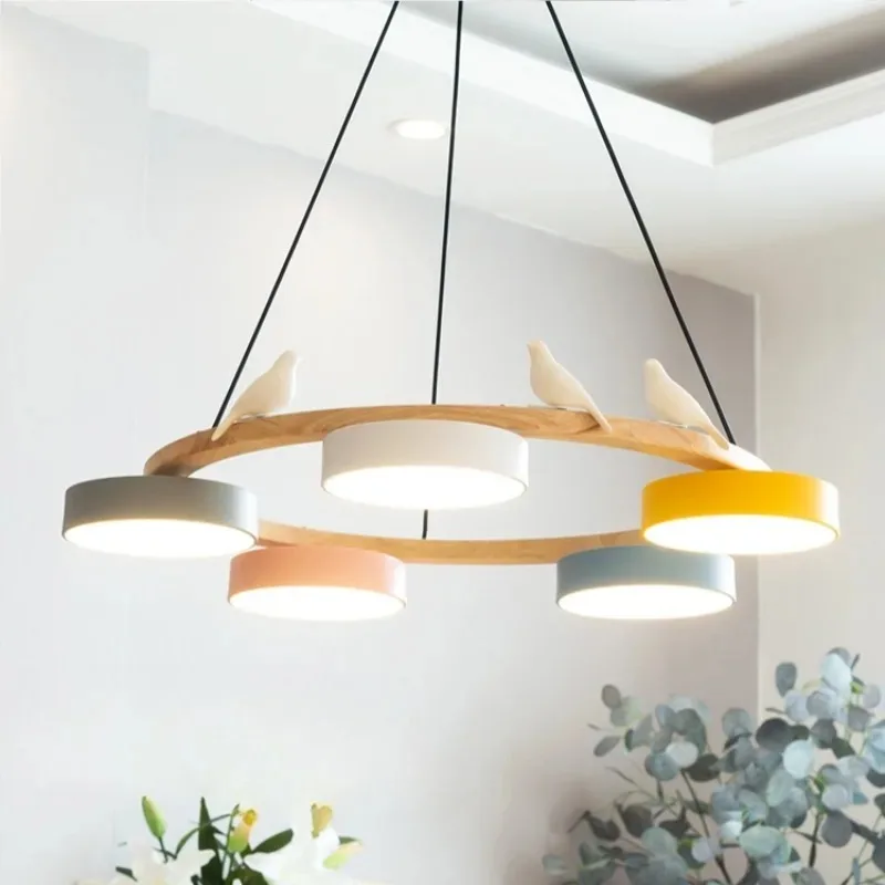 Nordic Wooden Circle Chandelier Bird Lamp for Living Room Colour Lamp Minimalist Bedroom Living Room