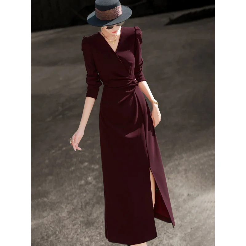 

MEXCOCO 2026 New Spring V Neck Padded Shoulder Long Sleeve Side Twist Ruched Waist High Split Slim Maxi Dress