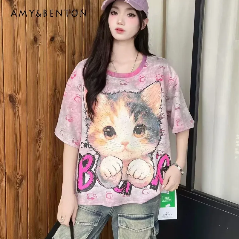

2026 New Korean Style Women's Tie Dye Cartoon Print Short Sleeved T Shirt Loose Casual All Match Top Pullover Y2k Tees Clothes