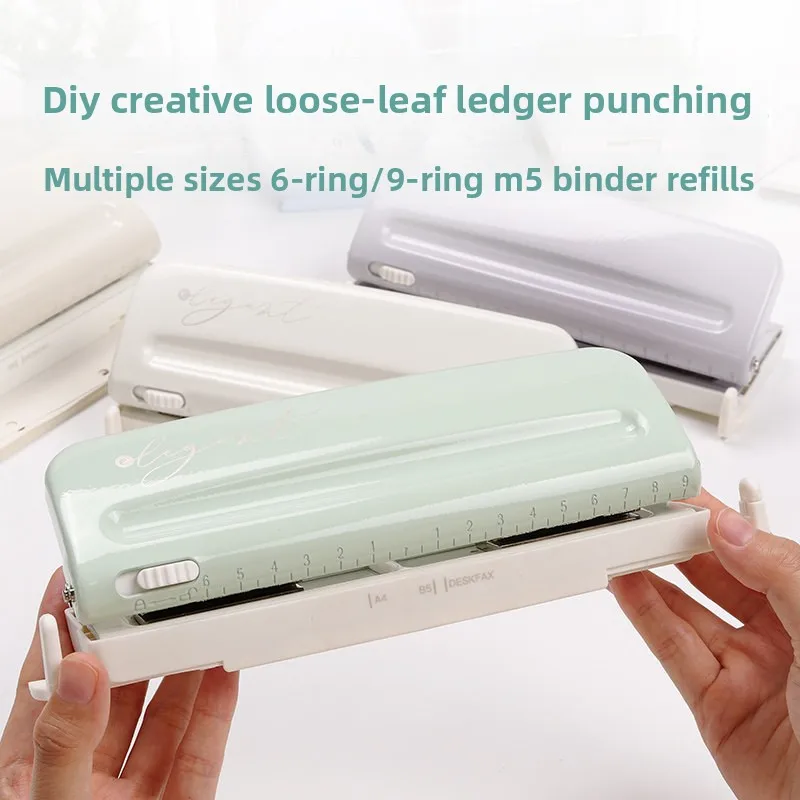 6-Hole Adjustable Paper Punch 4mm Hole Diameter Manual Puncher with Movable Punch Heads and Ruler for M5 A5 A6 A7 B5 Loose-Leaf