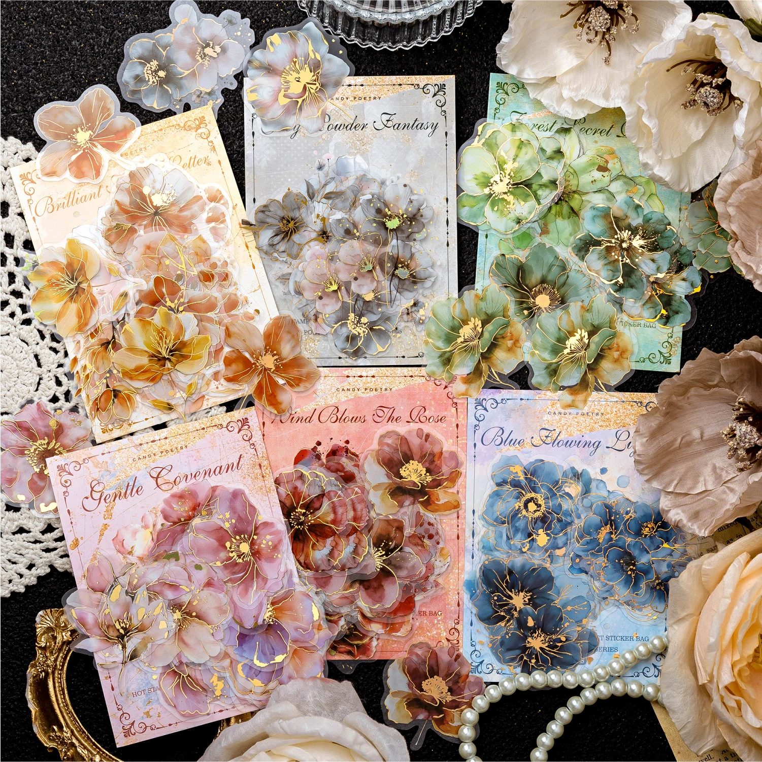 20pcs/pack Hot stamping flower stickers PET Materials Collage Junk Journal DIY Scrapbooking Supplies Aesthetics Decor Sticker