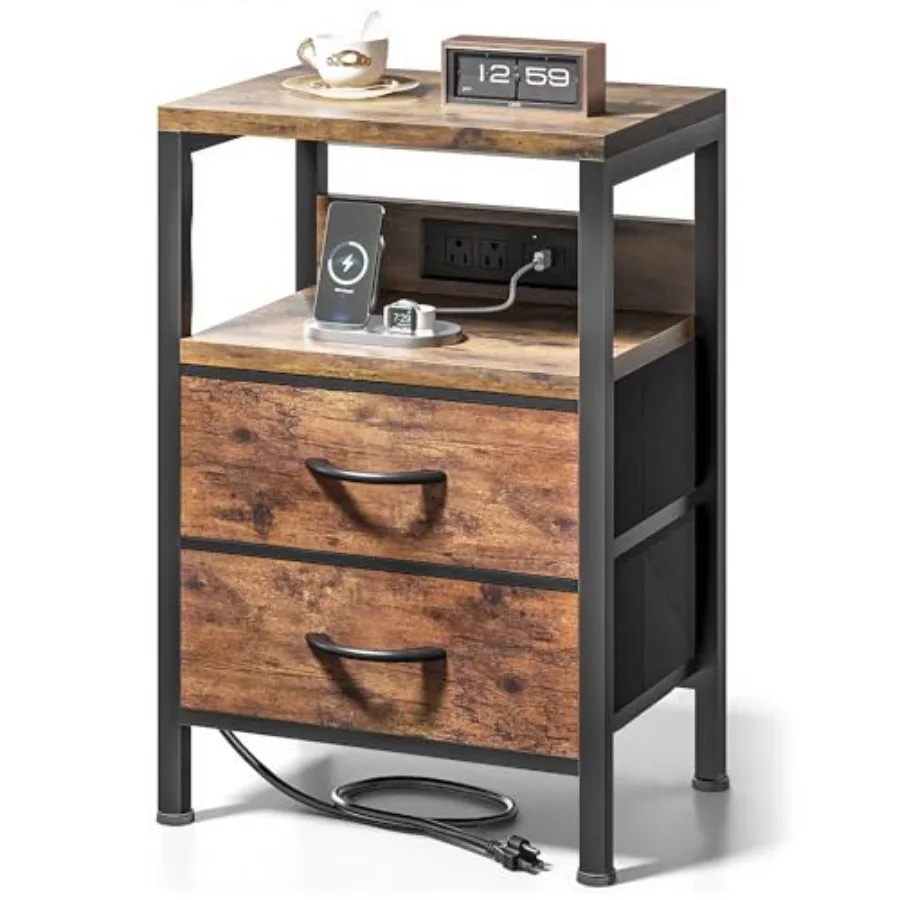 

NightStand Bedside Charging Table Bedroom - Brown Night Stand with Charger Station Modern Bed Side End Table with Open Shelf an