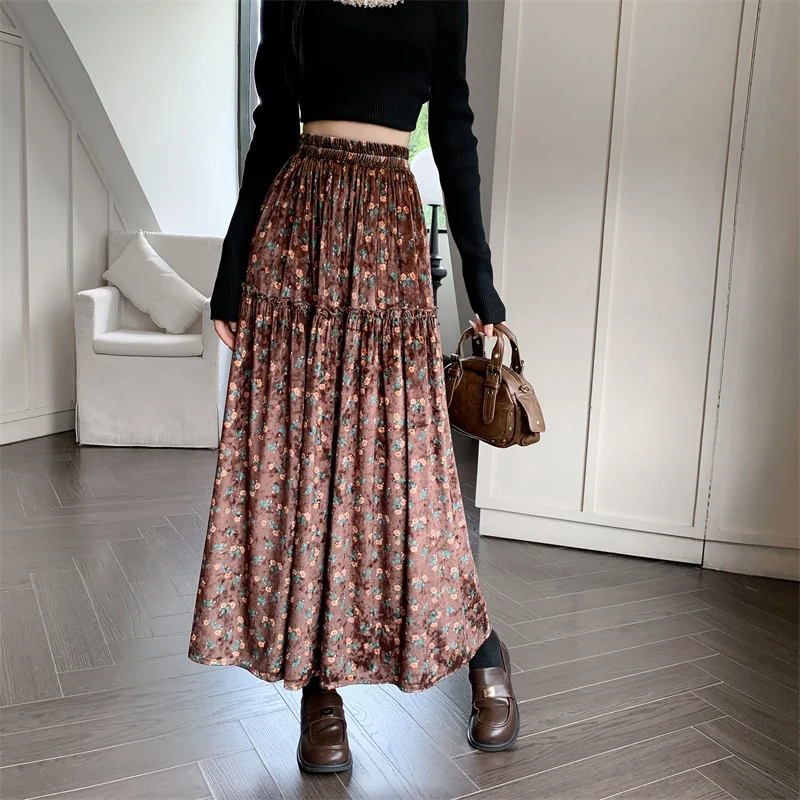 

Золотая бархатная юбка женская с цветочным принтом длинная юбка Гонконг ретро с высокой талией трапециевидной формы кружевная лоскутная юбка свободного покроя осень-зима сладкая