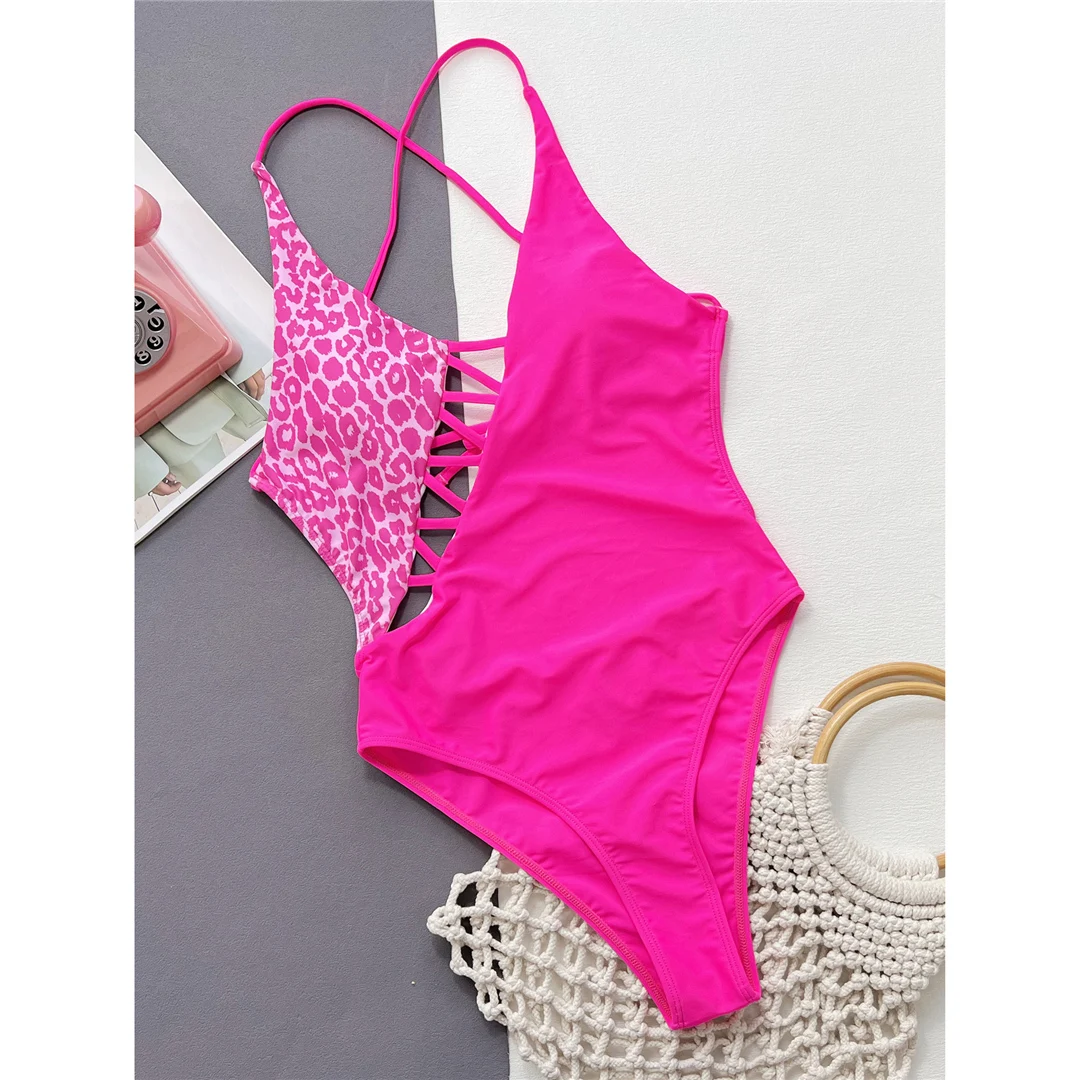 Leopardmuster, Patchwork-Design, rückenfreier Badeanzug, Damen-Badebekleidung, Damen-Monokini, hoch geschnittener Badeanzug, Badeanzug, Modell V4556. – Detail 10
