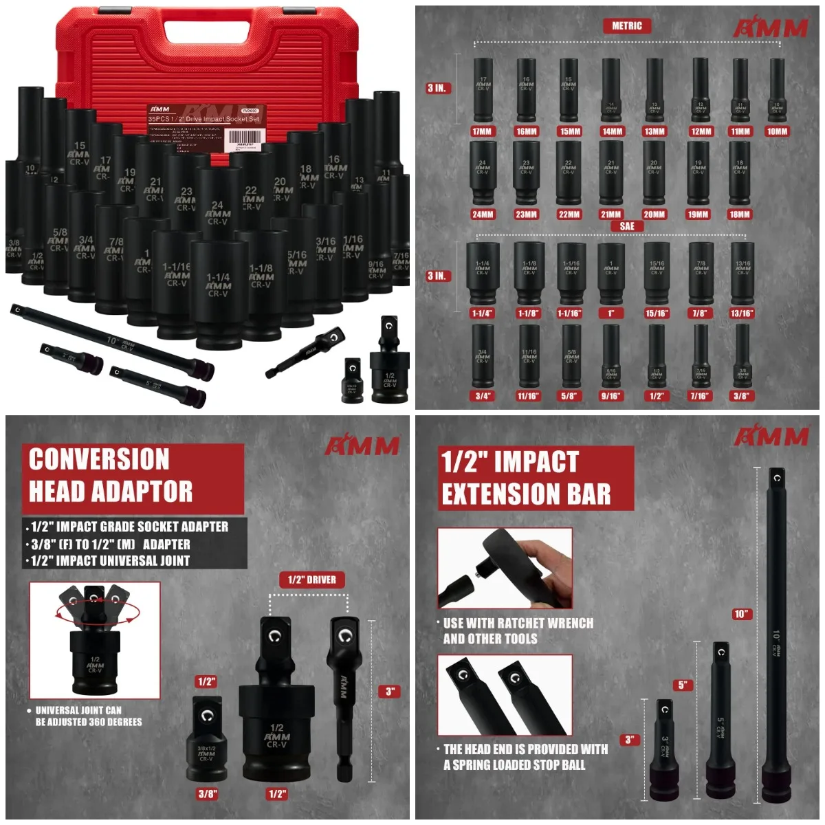 

1/2' Drive Deep Impact Socket Set, 35-Piece SAE 3/8' to 1-1/4', Metric 10-24mm, Includes Extensions, Universal Joint, 6 Point, C