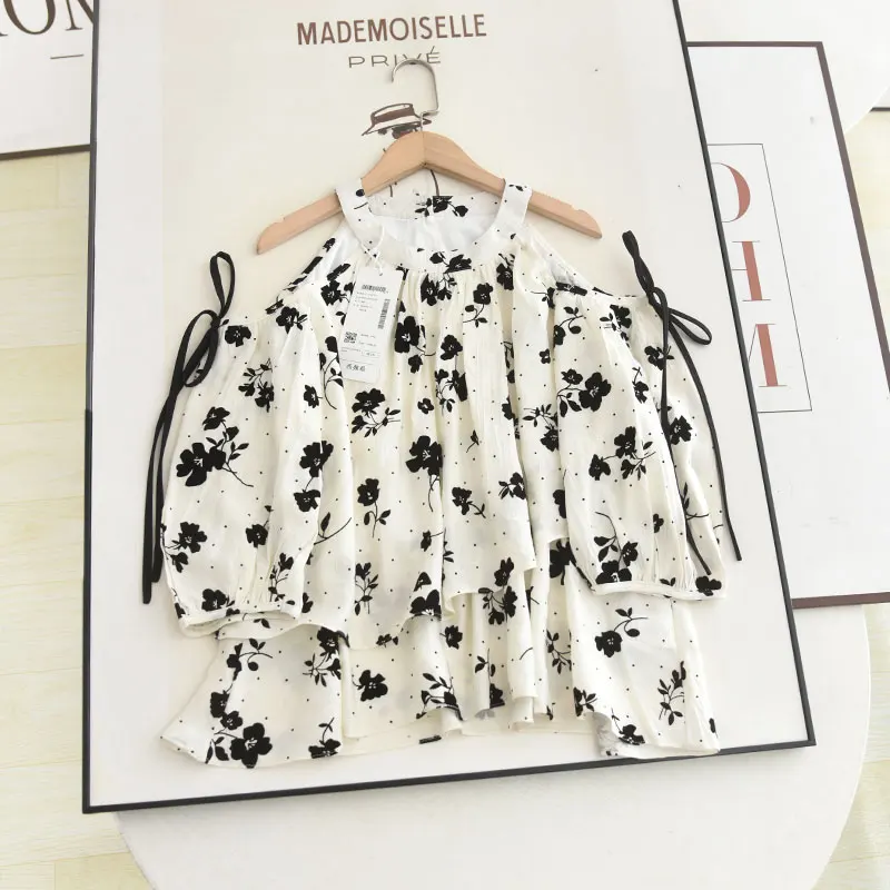 

French Sweet Irregularity Off-the-shoulder Floral Chiffon Shirts Women Summer Elegrance Halter Casual Chic Lace-up Bow Tops