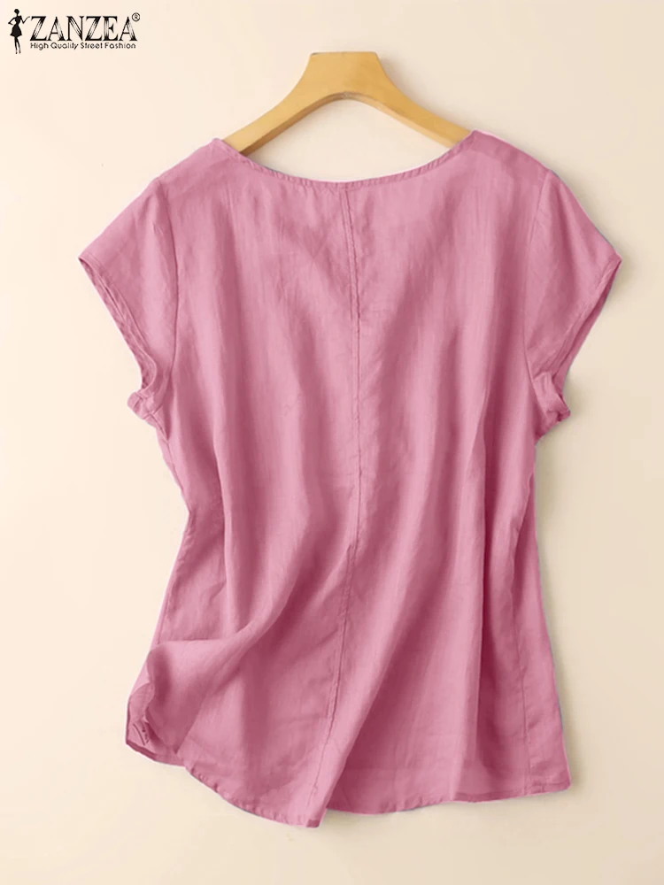 ZANZEA Casual Lace Stitching Tops Women Blouse V-neck Loose Holiday 2024 Summer Shirts Solid Color Vintage Short Sleeve Blusas