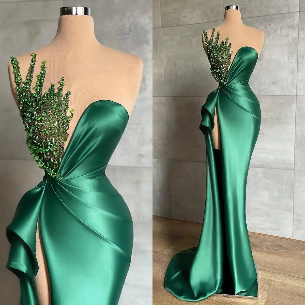 Green Mermaid Evening Dresses For African Women Long Sexy Split Shiny Beads Sleeveless Formal Party Illusion Prom Party Gowns