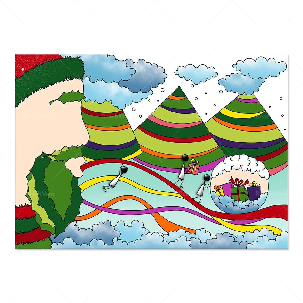 Hot air balloon in nature landscape decoration, Santa elf tree, illustration, rainbow surf, whimsical elegant classic poster