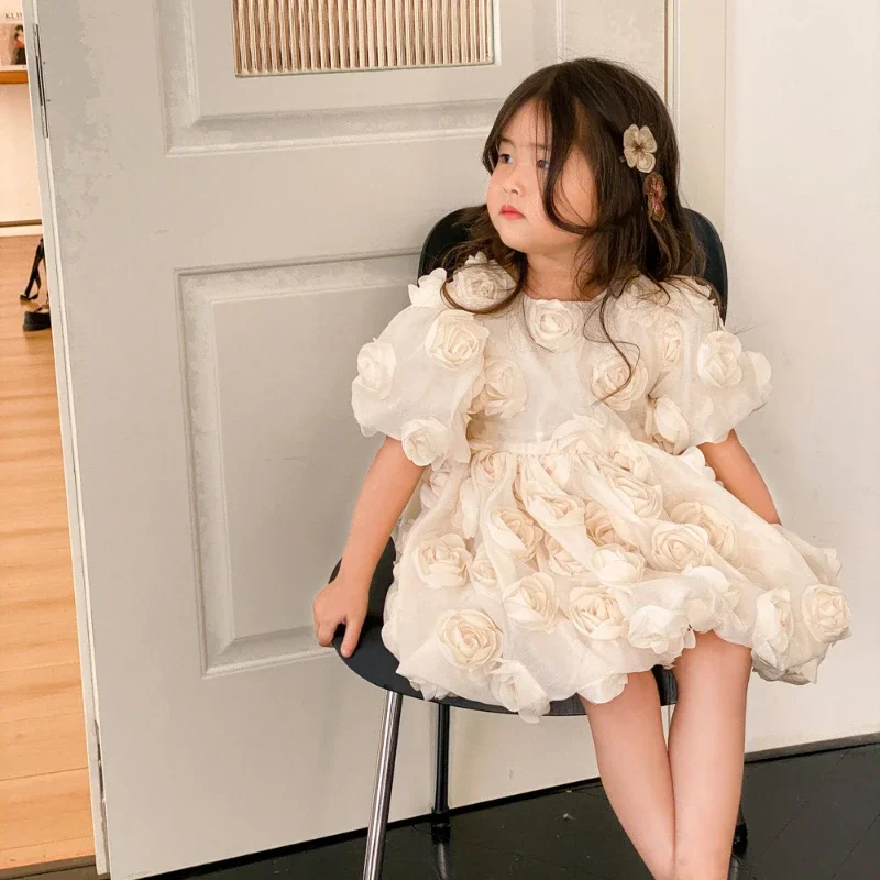 Children Clothing Korean Kids Clothes 2023 Spring and Summer Girls Flower Princess Dress Short Sleeve Sweet Cute Elegant Dress