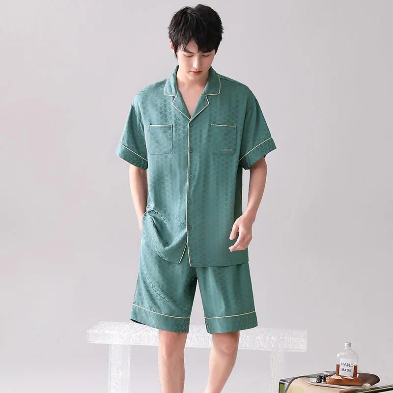 Summer Silk Satin Short Sleeve Shorts Men's Pajamas Set Pijamas Hombre Geometric Pattern Pyjamas For Men Sleepwear Suit Homewear