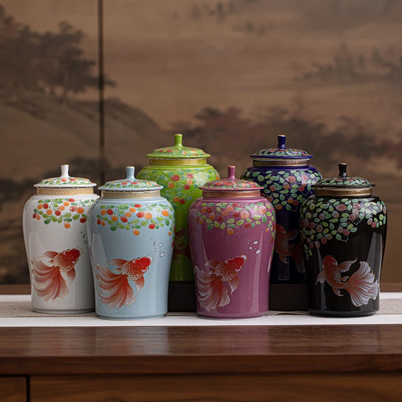 

Керамическая банка для чая в китайском стиле, креативная герметичная банка для конфет карпа, бытовая керамическая банка для хранения ореховых кофейных зерен и трав