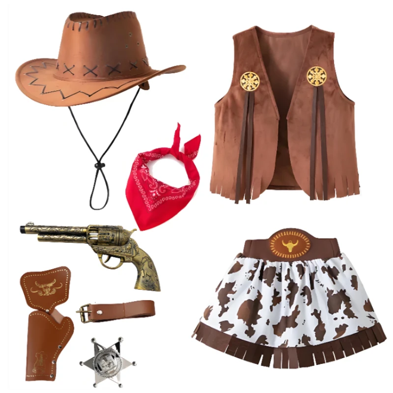 

Western Cowboy Costume Set Cow Print Fringe Vest Skirt Pants Outfit Costumes Carnival Cosplay Halloween Event Party Dress Up