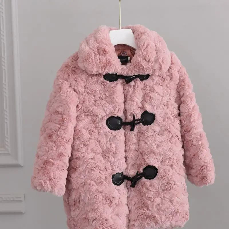 Girls Thickened Warm Coat 2024 New Children Stylish Autumn and Winter Top Girls Cow Horn Button Lamb Wool Coat