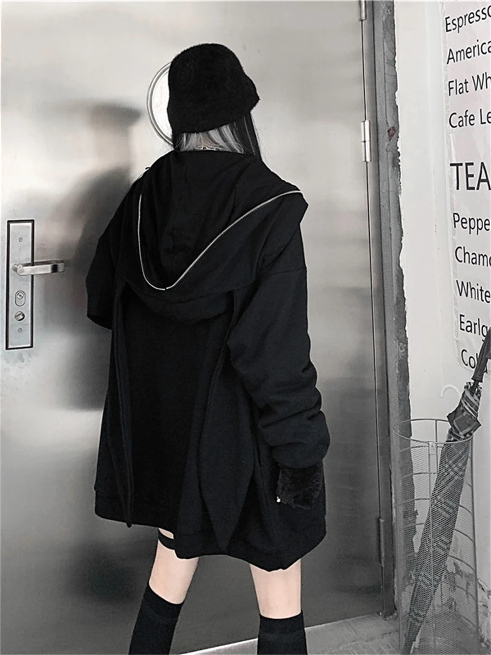 Autumn Winter Emo Bunny Hoodie Women Zip Up Kawaii Sweatshirt Rabbit Ears Jacket Black Girls Streetwear Japanese Loose Coats