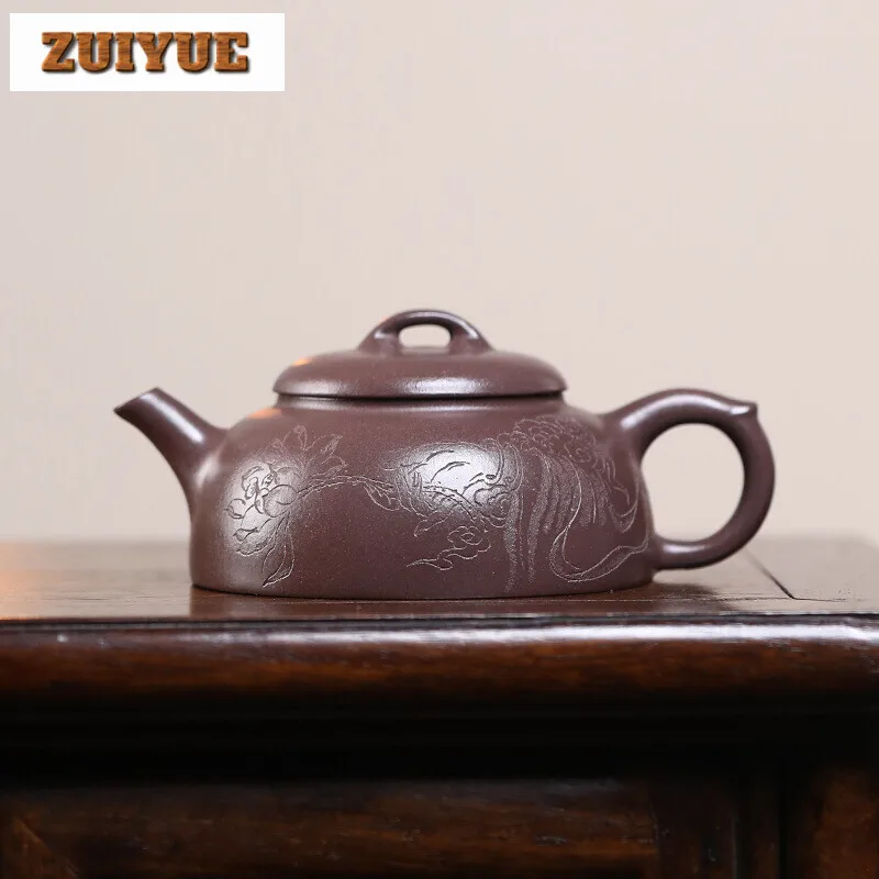 

140ML Elegant Yixing Purple Clay Teapots Handmade Carved Lotus Pot Raw Ore Purple Mud Kettle Zisha Tea Set Ornaments Supplies