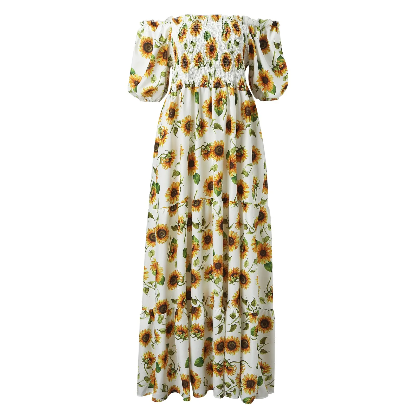 Floral Long Dress Women Off Shoulder Maxi Short Sleeve Sunflowers Print Pleated Maxi Dresses Beach Bohemian Sundress Vestidos