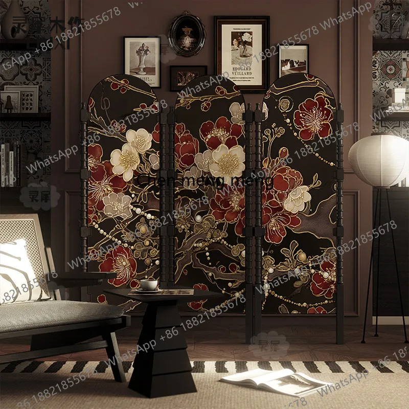 Solid wood Chinese flower bedroom living room partition screen tea room office foldable mobile blocking folding screen