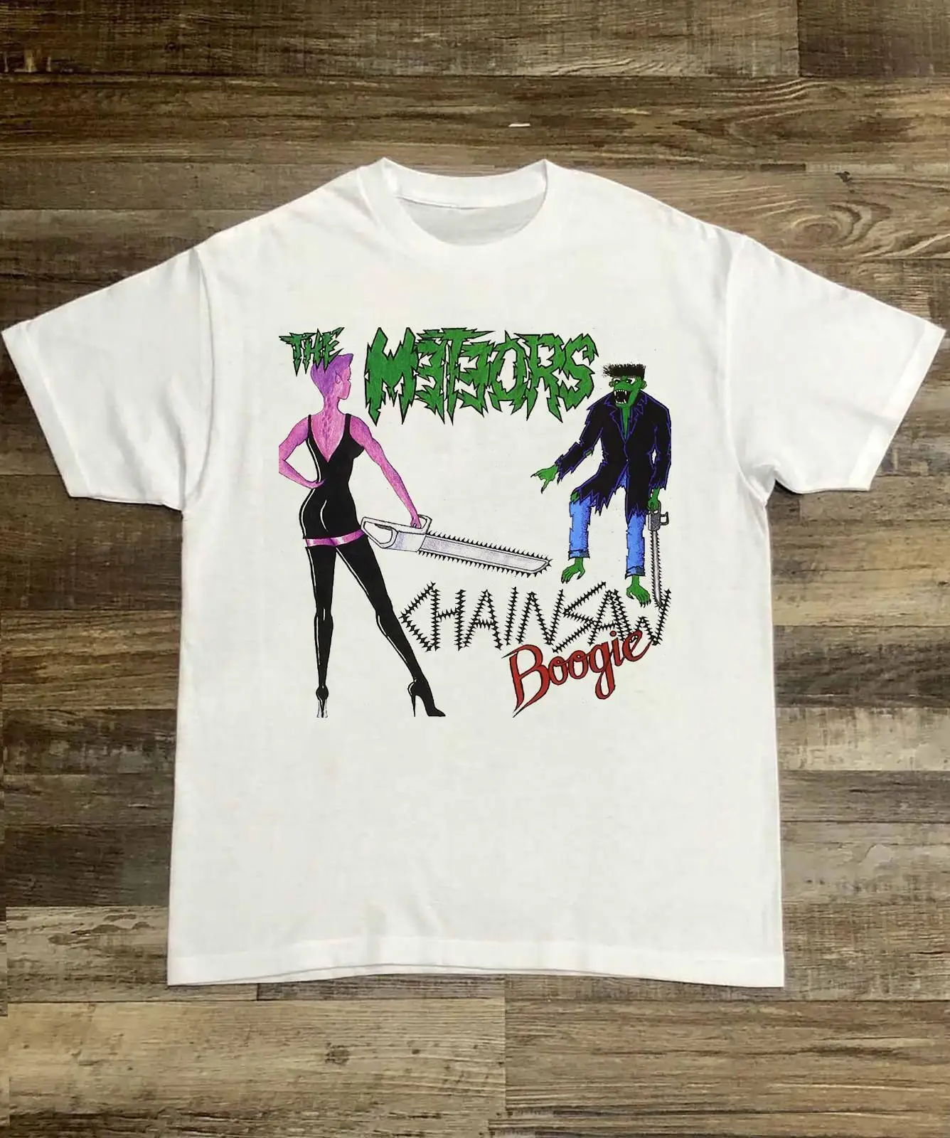 The Meteors Chainsaw Boogie T Shirt White Cotton Men S to 5XL TE933