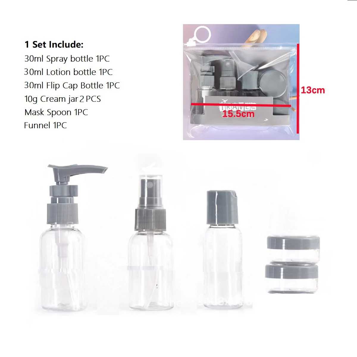 1 Set nachfüllbare Reiseflaschen, 7 Stück, leere Sprühflasche, Lotionspumpe, Kosmetikverpackungsbehälter – Detail 1